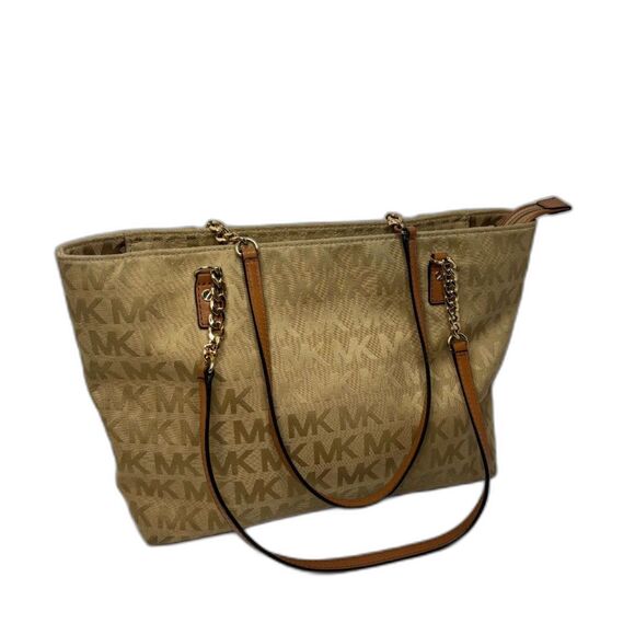 Michael Kors EW Gold Signature Canvas Leather Chain Shoulder Bag Purse Designer - Picture 3 of 12